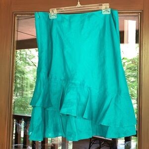 Ann Taylor teal linen full skirt with asymmetrical ruffle Size 14